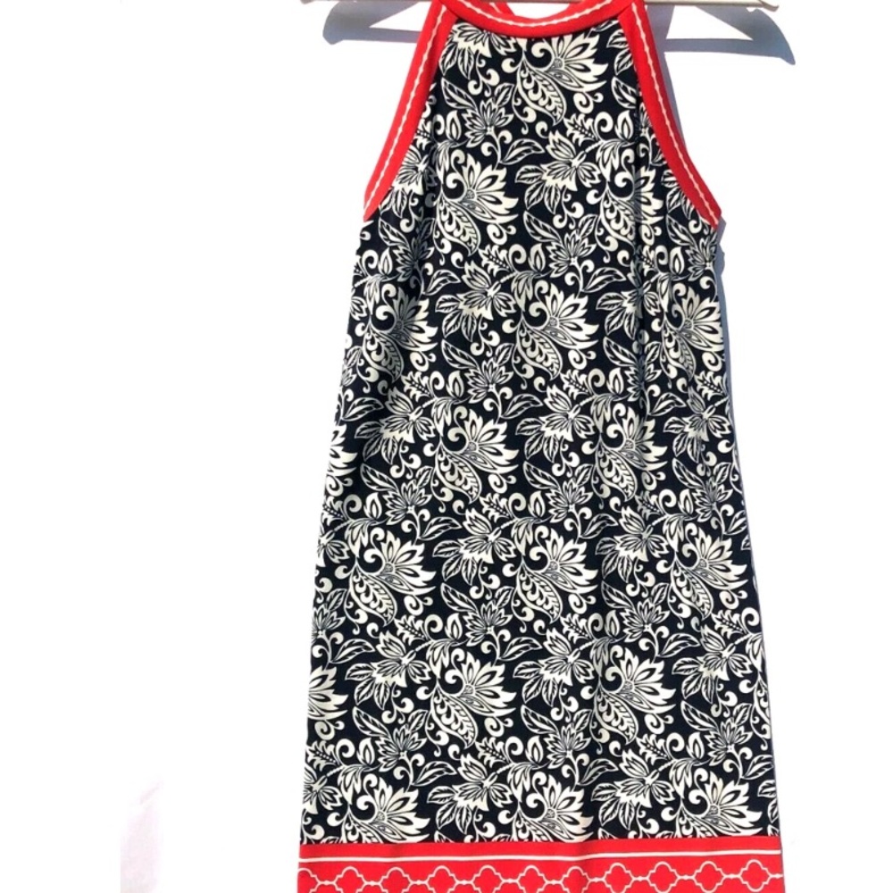Max Studio Black and White Floral Dress with Red Accents